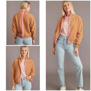 Marine Layer Sierra Sherpa Jacket XS Brown Fleece Neon Pink Trim Cozy Teddy